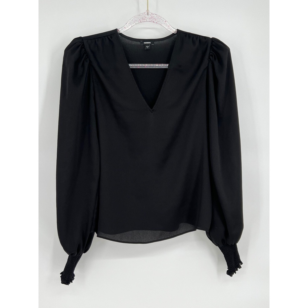 Express Blouse V-Neck Blouse Long Sleeve Puff Sleeve Black Top XS